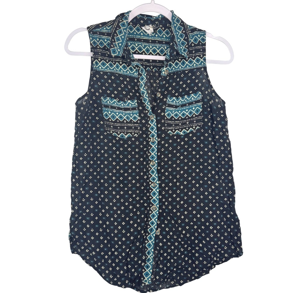 Anthropologie Akemi + Kin Navy Teal Geometric Sleeveless Button Down Top XS